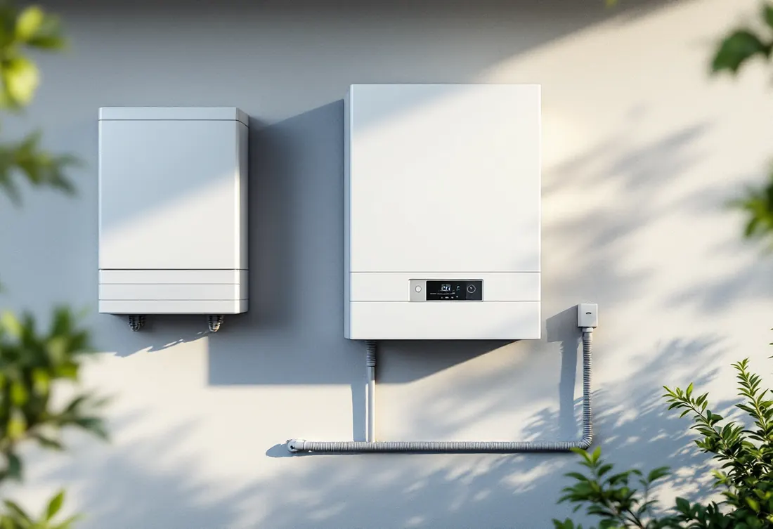 Thuisbatterij naast de omvormer van een zonnepaneleninstallatie